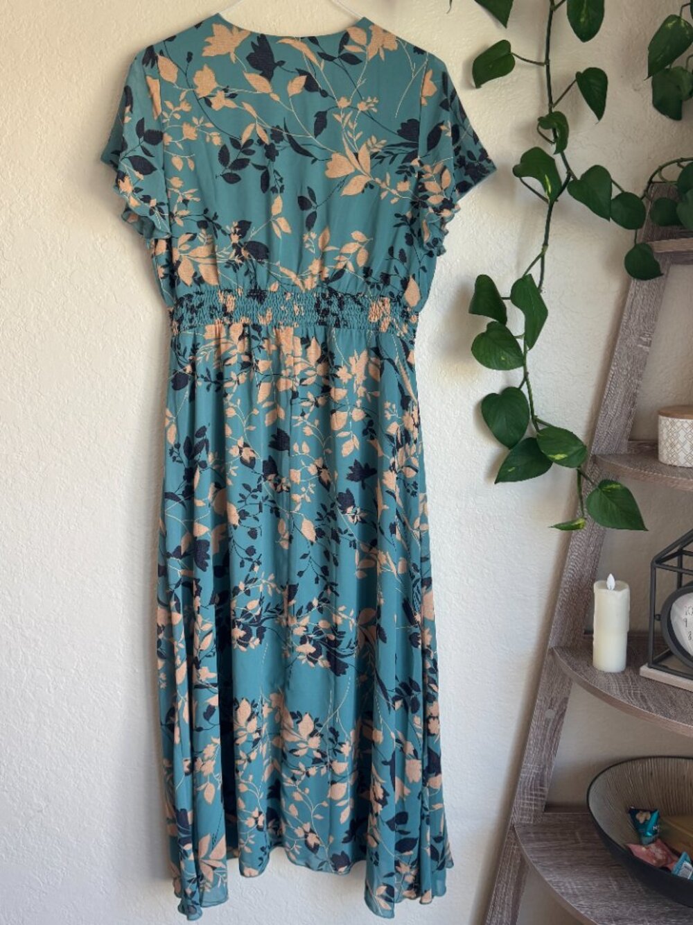 Simplee Teal Floral Midi Dress Women’s Large Smocked Waist Flutter Sleeve - Picture 2 of 5
